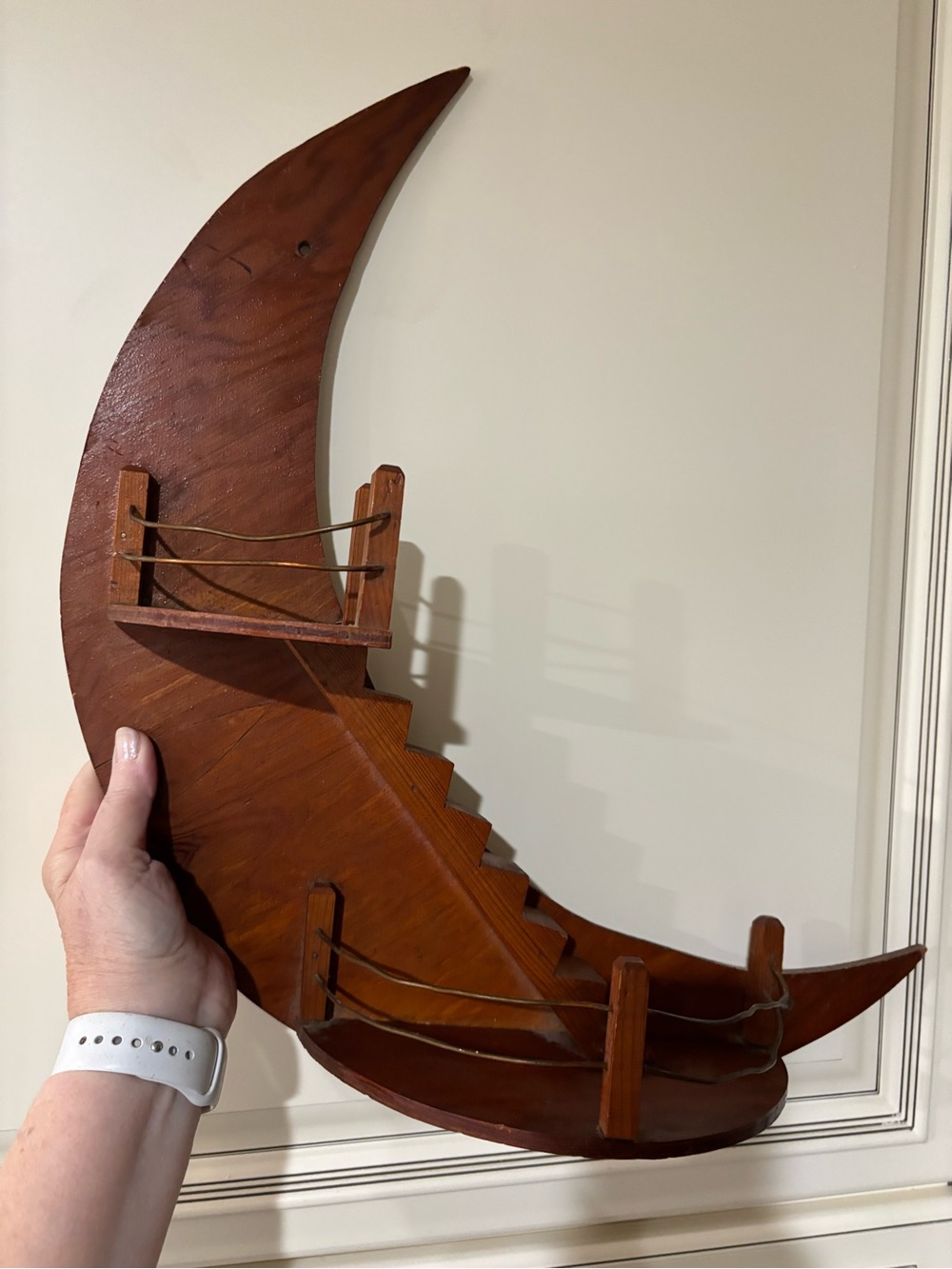 MCM Wooden Crescent Moon Shelf - Rustic Brown Wall Decor 1950's